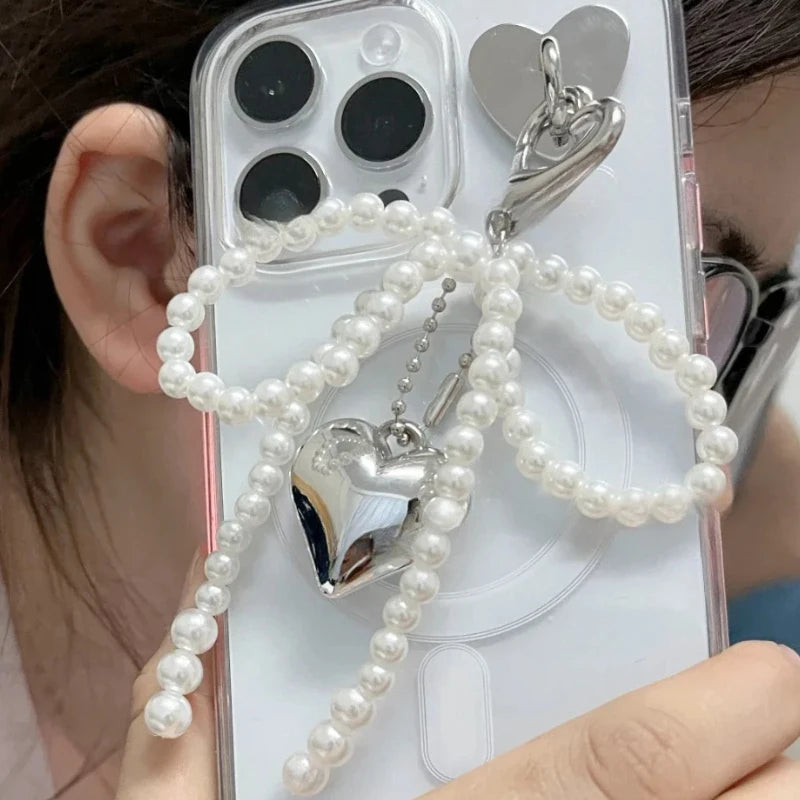 Cute Phone Case Pearl Bow Pendant For iPhone 15 Samsung Xiaomi Huawei Back Cover DIY Decoration Pearl Keychain Key Holder