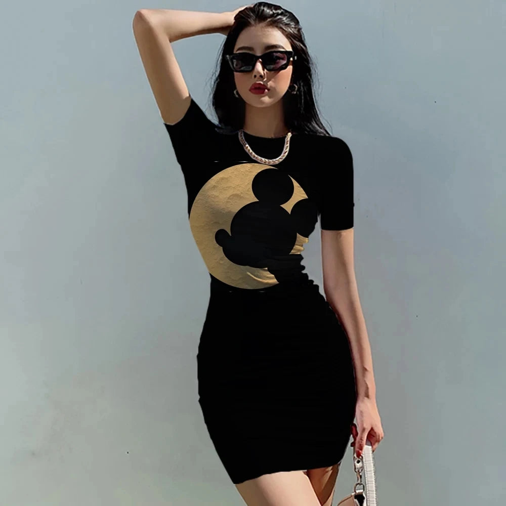 Disney Minnie Mickey Mouse bow print Elegant Pencil Dress Womens Simple Sheath Office Dresses Summer Short sleeve Casual Vestido