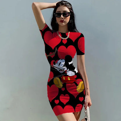 Disney Minnie Mickey Mouse bow print Elegant Pencil Dress Womens Simple Sheath Office Dresses Summer Short sleeve Casual Vestido