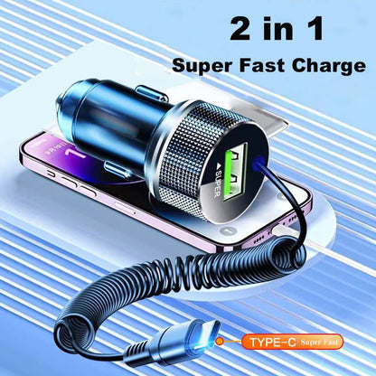 PC EDEBA Metal USB Car Charger with Type C Cable 12V Super Fast Charging Vehicle Adapter 2 in 1  iPhone Samsung Huawei VIVO OPPO