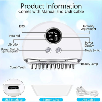 PC EMS Microcurrent Electric Head Brush Scalp Massage Comb LED Ion Hair Gro