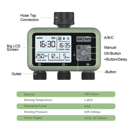 Eshico New Design 3-Zone Water Timer Independent Watering Plan Garden Lawn Intelligent Automatic Drip Irrigation Battery Driven