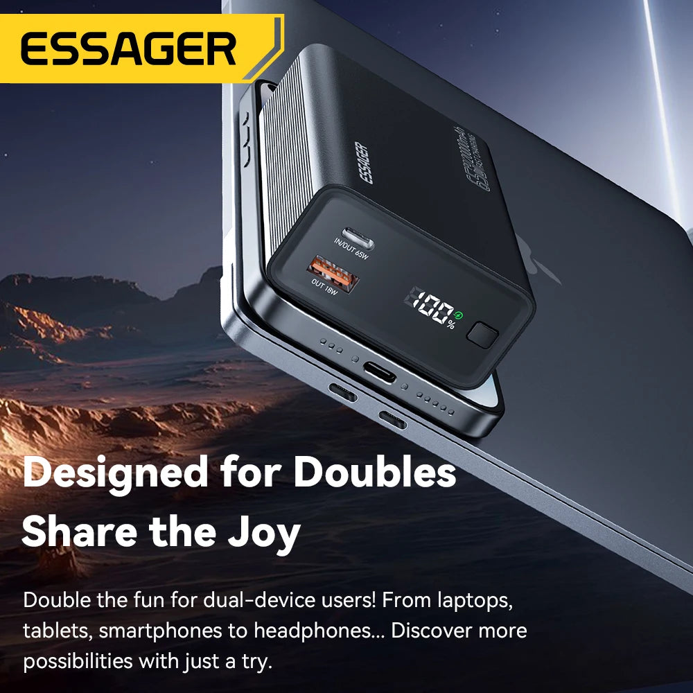 PC Essager Power Bank 20000mAh Portable PD 65W Fast Charging  Mobile Phone External Battery Powerbank For Phone Laptop Tablet Mac