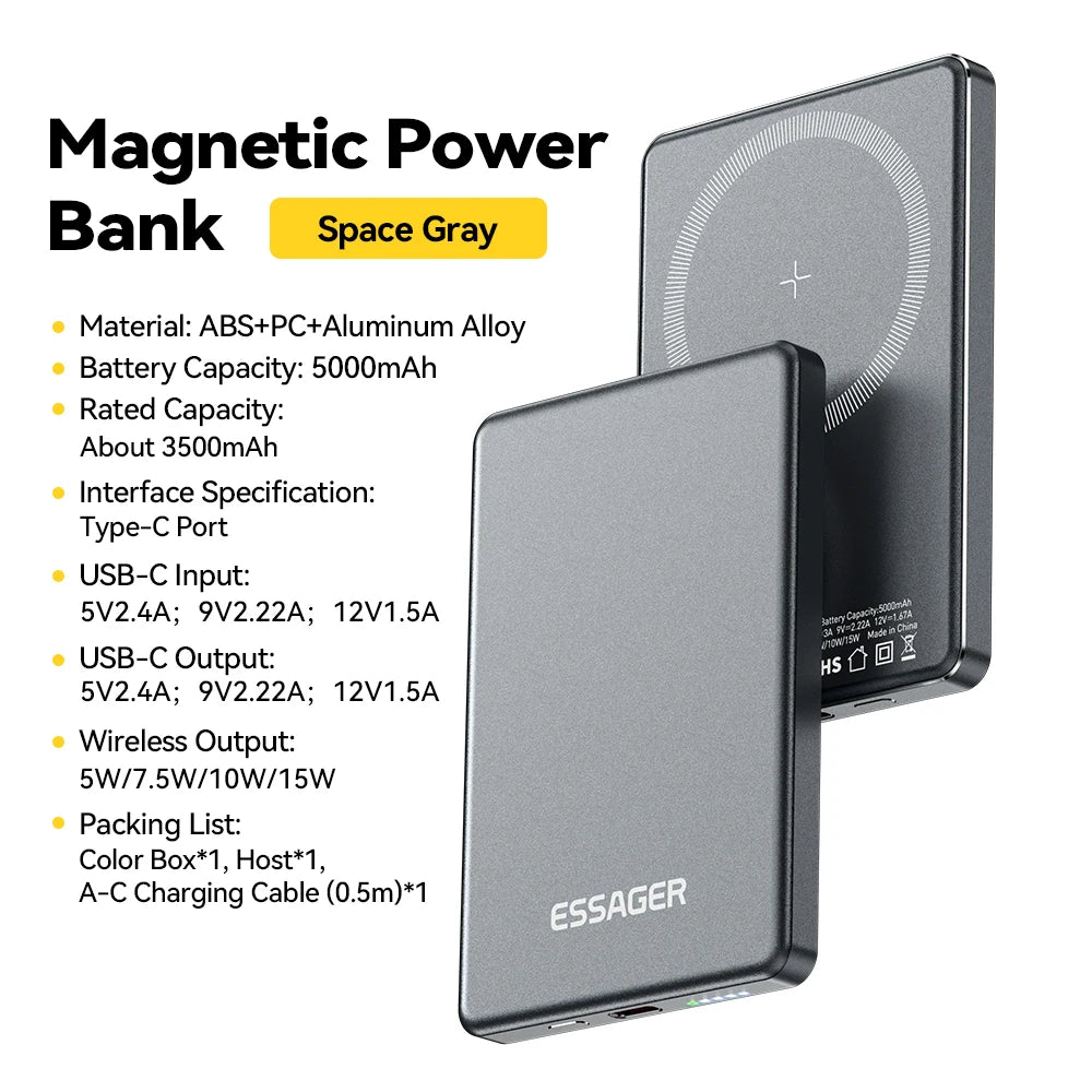 PC Essager Thin Wireless Power Bank Magnetic 20W 5000mAh Portable Fast Charging External Battery  Magsafe For iPhone 16 15 14 13