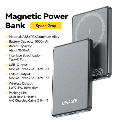 PC Essager Thin Wireless Power Bank Magnetic 20W 5000mAh Portable Fast Charging External Battery  Magsafe For iPhone 16 15 14 13