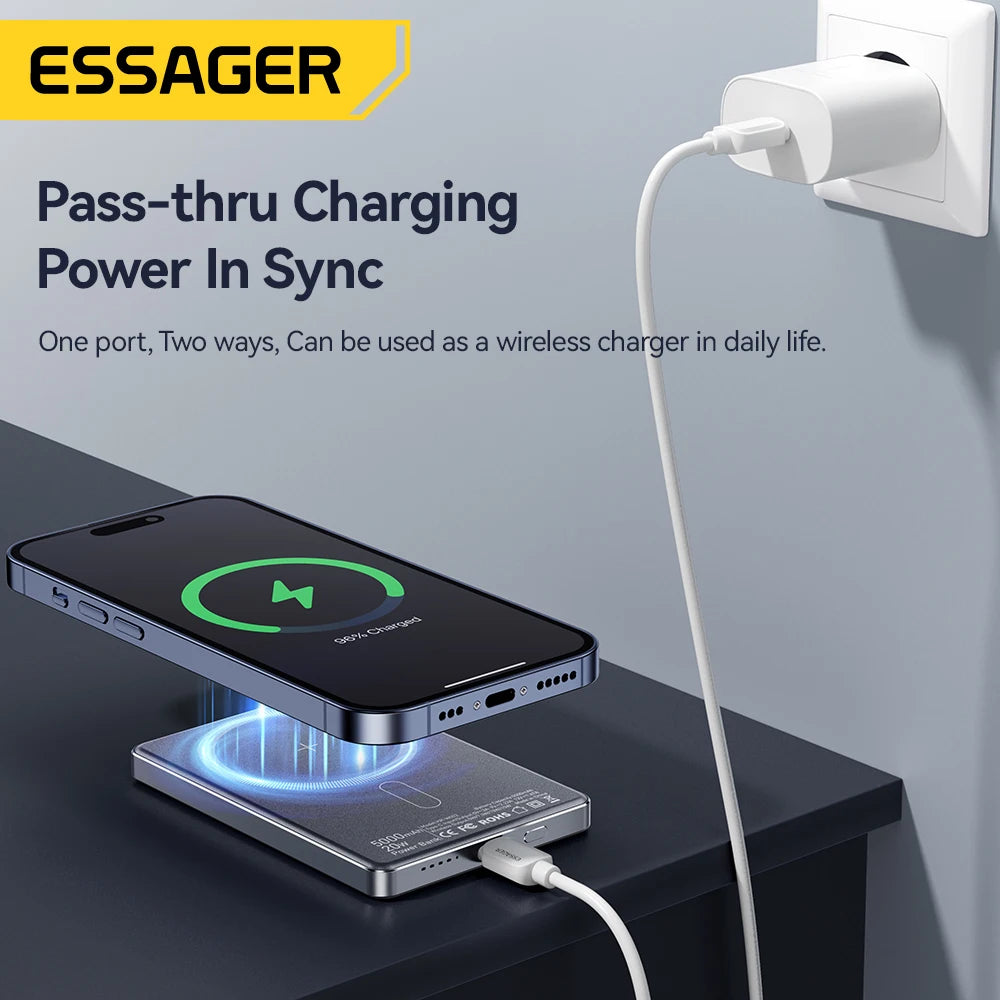 PC Essager Thin Wireless Power Bank Magnetic 20W 5000mAh Portable Fast Charging External Battery  Magsafe For iPhone 16 15 14 13