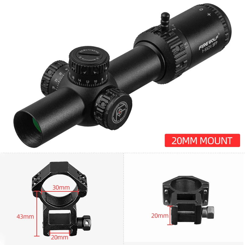 FIRE WOLF 1-5X24 IR SFP Compact Scope Red Illuminated Tactical Riflescope Lock Reset Hunting Optical Sight