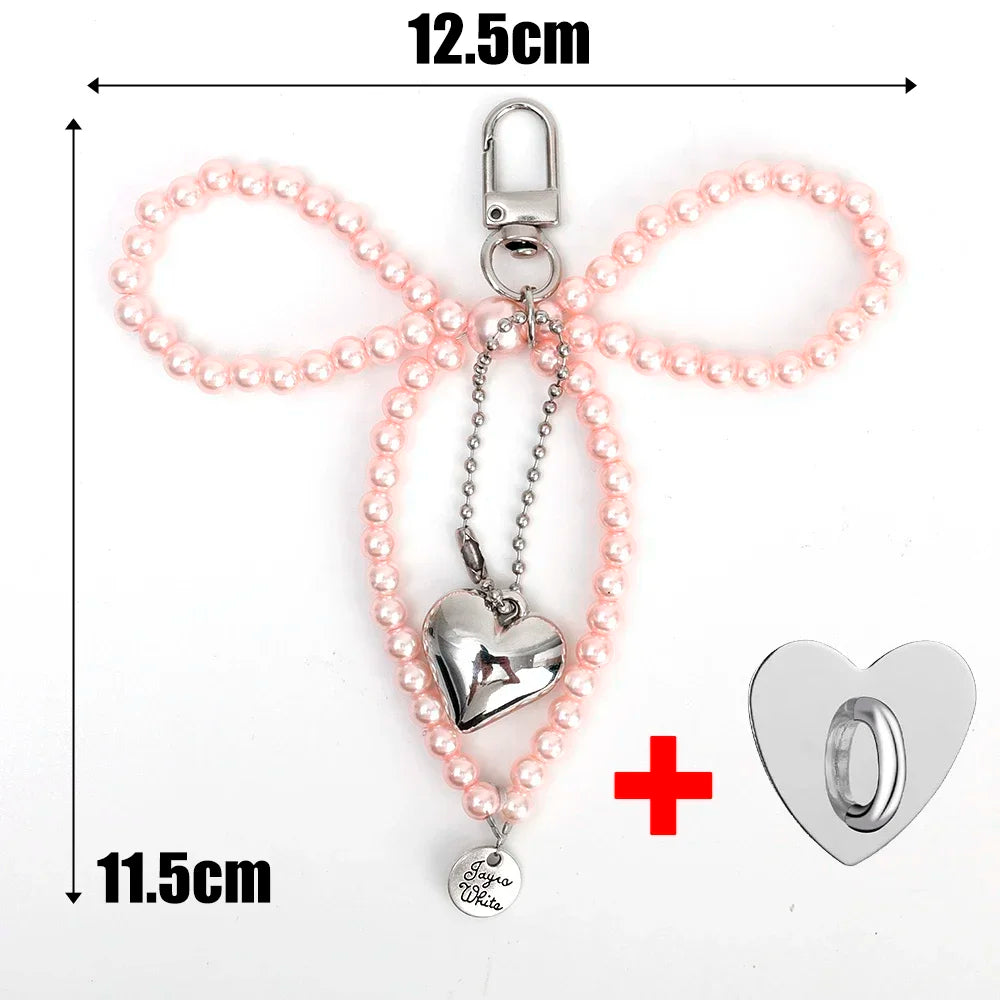 Fashion Pearl Bow Heart Shaped Keychain DIY Pendant Bowknot Heart Keyring Charm Accessories  Backpacks Bag Phone Accessories