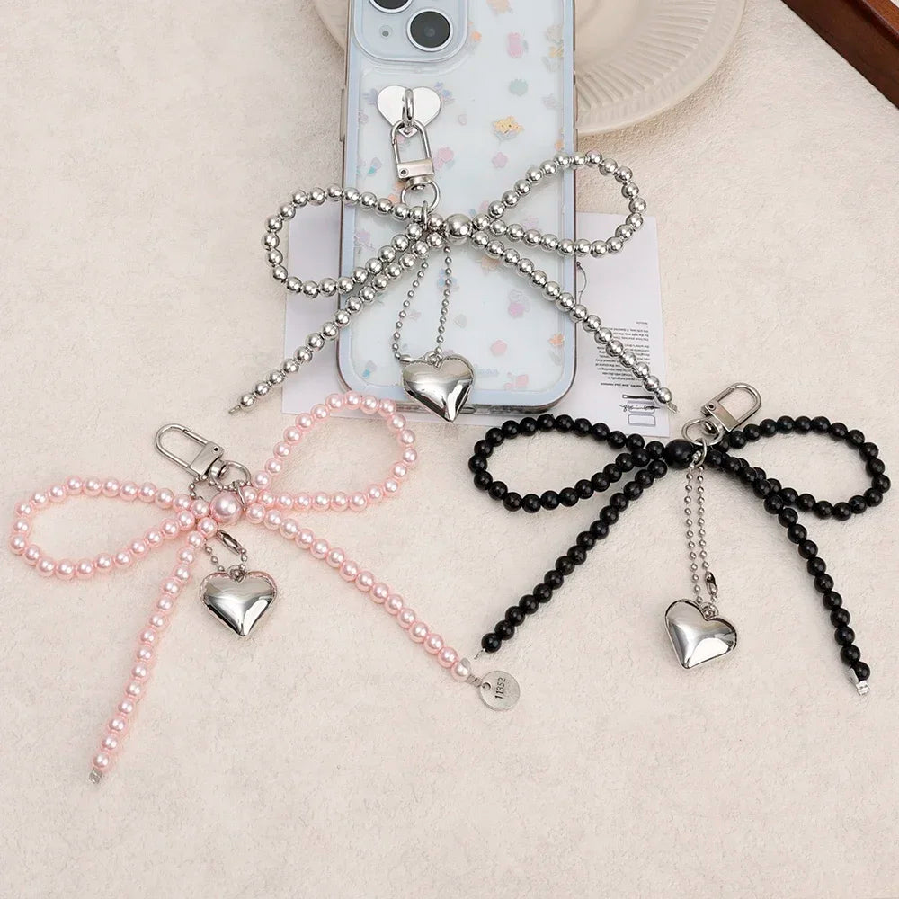 Fashion Pearl Bow Heart Shaped Keychain DIY Pendant Bowknot Heart Keyring Charm Accessories  Backpacks Bag Phone Accessories