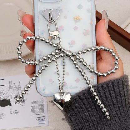 Fashion Pearl Bow Heart Shaped Keychain DIY Pendant Bowknot Heart Keyring Charm Accessories  Backpacks Bag Phone Accessories