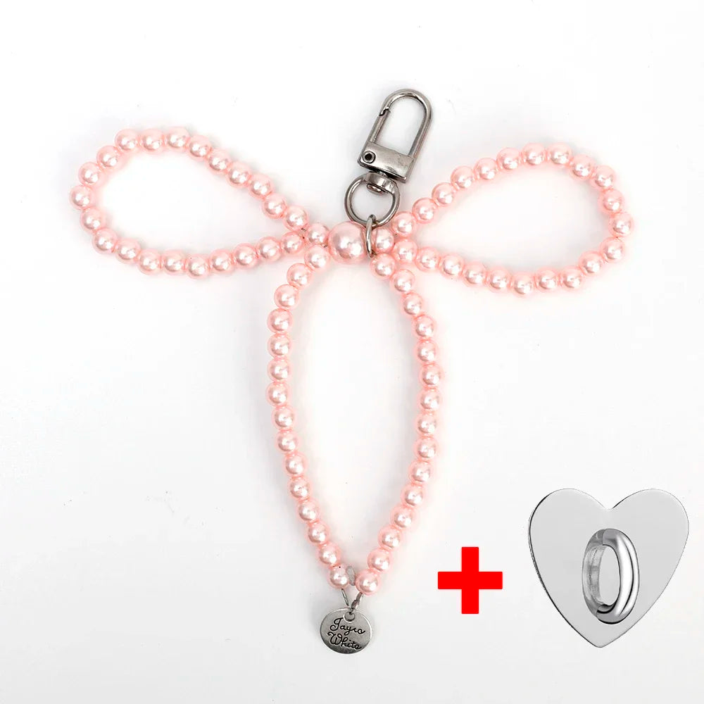 Fashion Pearl Bow Heart Shaped Keychain DIY Pendant Bowknot Heart Keyring Charm Accessories  Backpacks Bag Phone Accessories