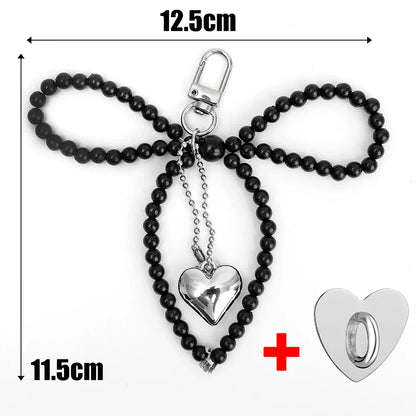 Fashion Pearl Bow Heart Shaped Keychain DIY Pendant Bowknot Heart Keyring Charm Accessories  Backpacks Bag Phone Accessories