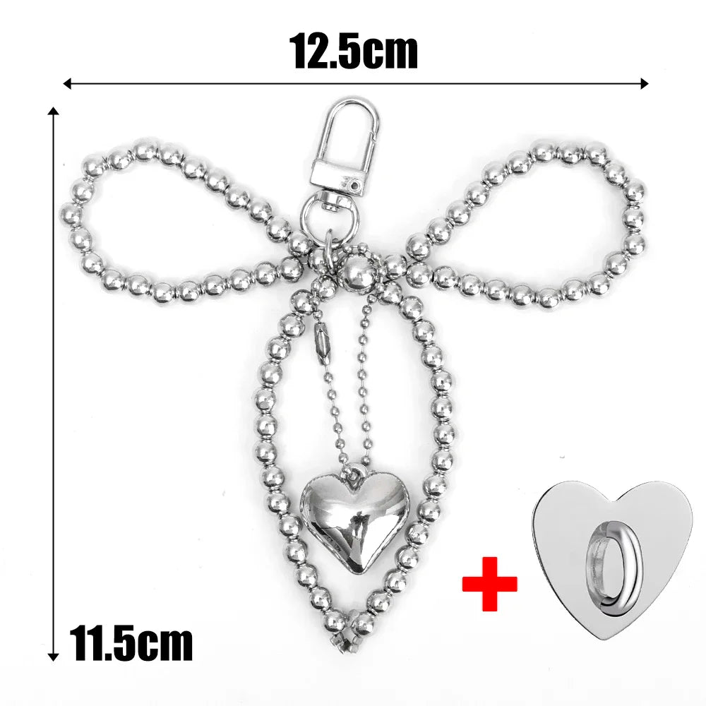 Fashion Pearl Bow Heart Shaped Keychain DIY Pendant Bowknot Heart Keyring Charm Accessories  Backpacks Bag Phone Accessories