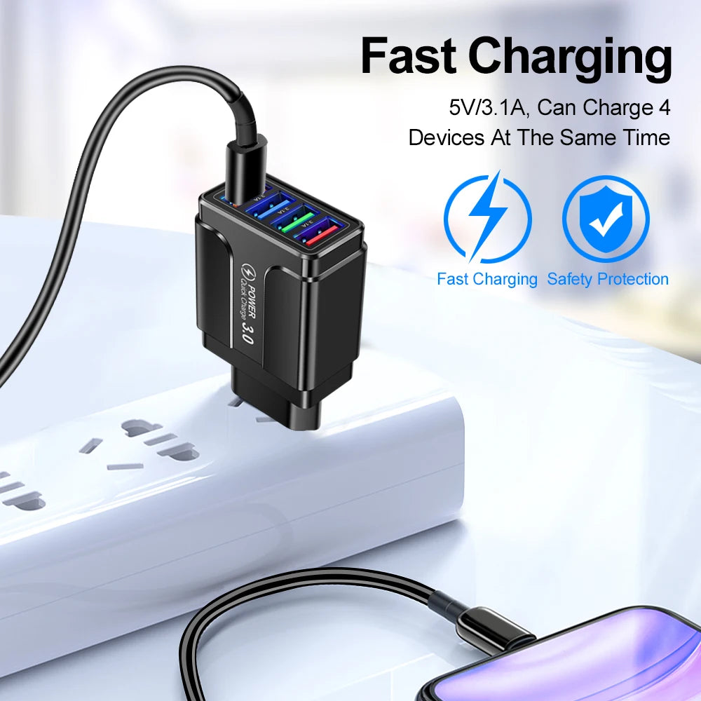 PC Fast 4 USB Charger Quick Charge 3.0 Fast USB Wall Charger Portable Mobile Charger QC 3.0 Adapter  Xiaomi iPhone X EU US Plug