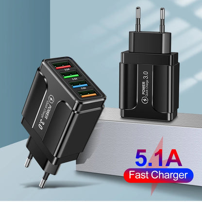 PC Fast 4 USB Charger Quick Charge 3.0 Fast USB Wall Charger Portable Mobile Charger QC 3.0 Adapter  Xiaomi iPhone X EU US Plug