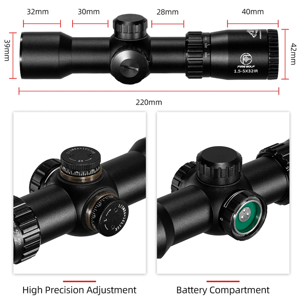 Fire Wolf 1.5-5X32 IR Hunting airsoft accessories tactical Optical sight red dot rifle scope Spotting scope  rifle hunting