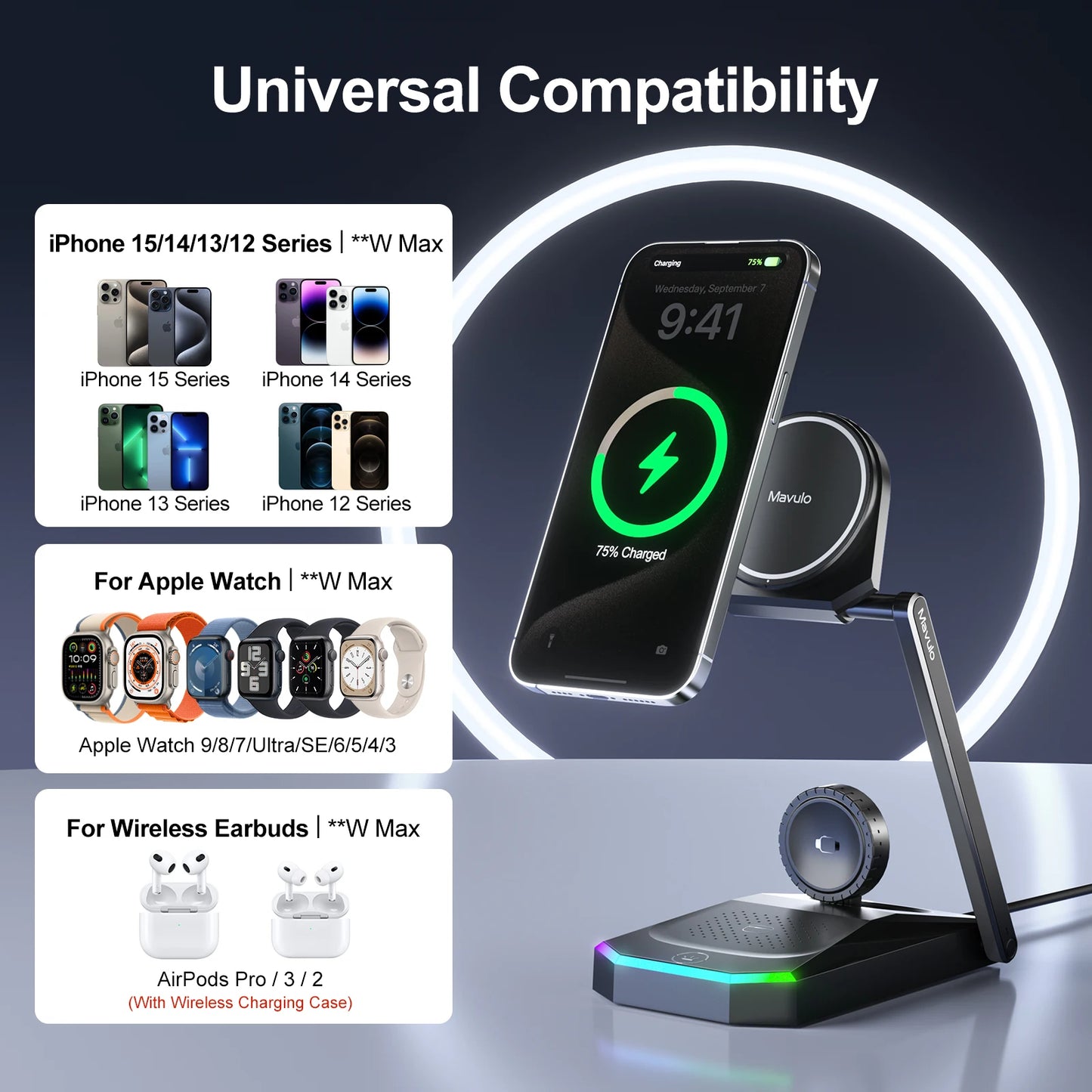 Foldable 3 in 1 Charging Station for iPhone 16 15 14 13 12 Pro Max Fast Wireless Charger Stand for Apple Watch,AirPods Series