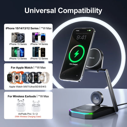 Foldable 3 in 1 Charging Station for iPhone 16 15 14 13 12 Pro Max Fast Wireless Charger Stand for Apple Watch,AirPods Series