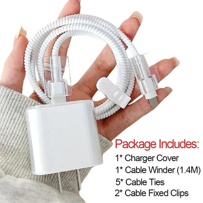 For Apple IPhone 18W 20W Chargers Data Cord Transparent Protectors Cover Kit Breakproof Cable Winder Clear Charger Case Set