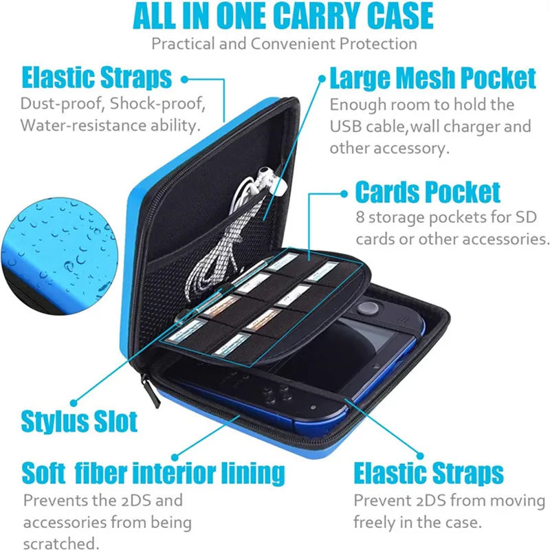 For Nintendo 2DS EVA Waterproof Hard Shield Protective Carrying Case Pouch Bag Storage Organizer Double Zipper With Game Holders