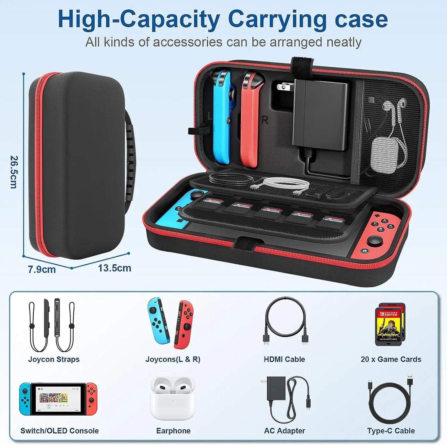 For Nintendo Switch & NS OLED Console Carrying Case Portable Hard Shell Pouch Carrying Travel Bag Fit for Joy-Con US Adapter