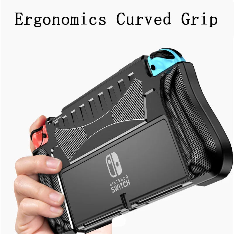 For Nintendo Switch OLED 2021 Dockable Protective Case Soft Silicone Shell Carbon Fiber Textued Ergonomic Grip Cover for Joycon