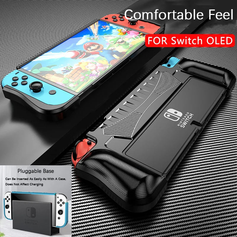 For Nintendo Switch OLED 2021 Dockable Protective Case Soft Silicone Shell Carbon Fiber Textued Ergonomic Grip Cover for Joycon