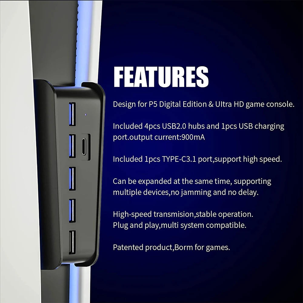 For PS5 USB Hub 6 in 1 USB Splitter Expander Hub Adapter with 5 USB A + 1 USB C Ports for PlayStation 5 Super Speed USB Adapter