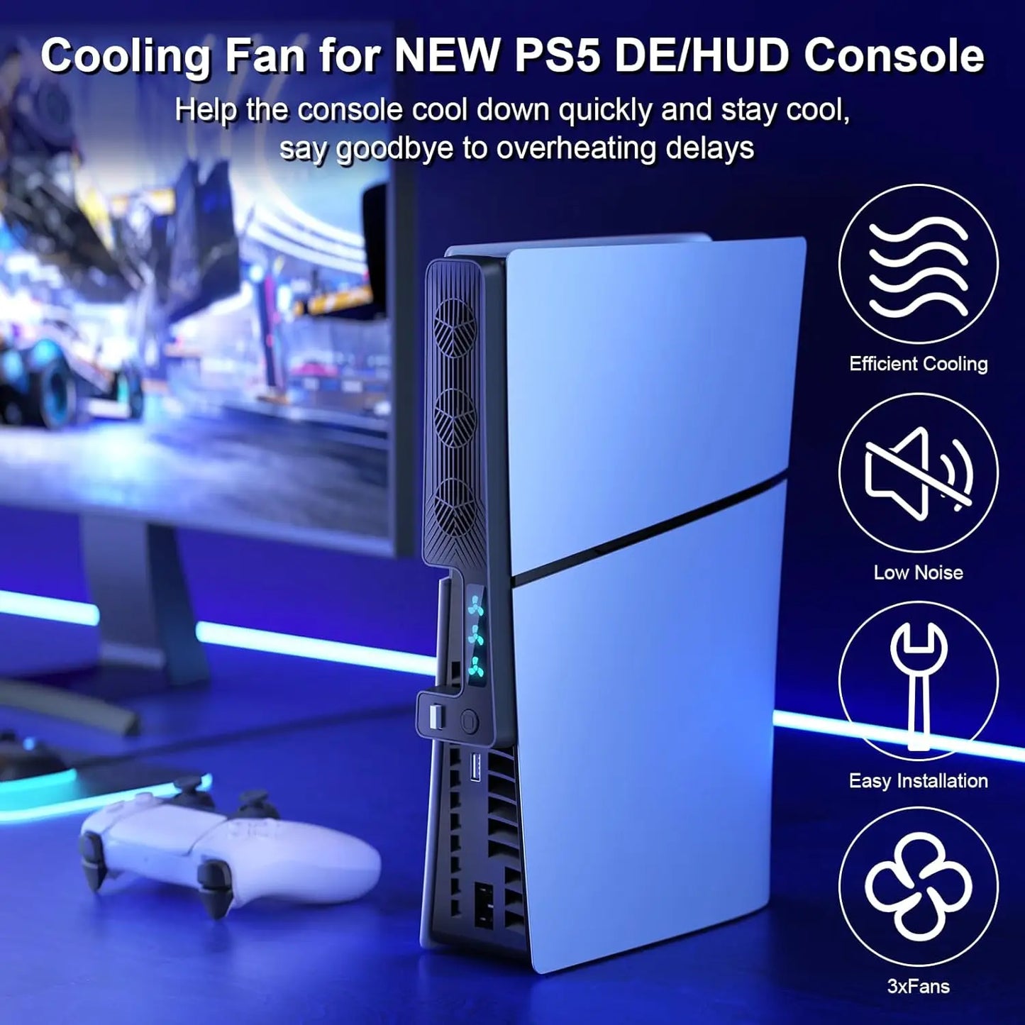 For Playstation 5 Slim PS5 Slim Console Cooling Fan Cooler with USB Port and 3 Adjustable Quiet 9500-Speed Fans, Cool LED Light