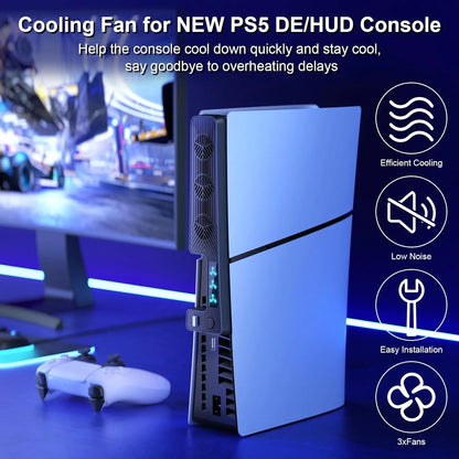 For Playstation 5 Slim PS5 Slim Console Cooling Fan Cooler with USB Port and 3 Adjustable Quiet 9500-Speed Fans, Cool LED Light