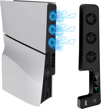 For Playstation 5 Slim PS5 Slim Console Cooling Fan Cooler with USB Port and 3 Adjustable Quiet 9500-Speed Fans, Cool LED Light