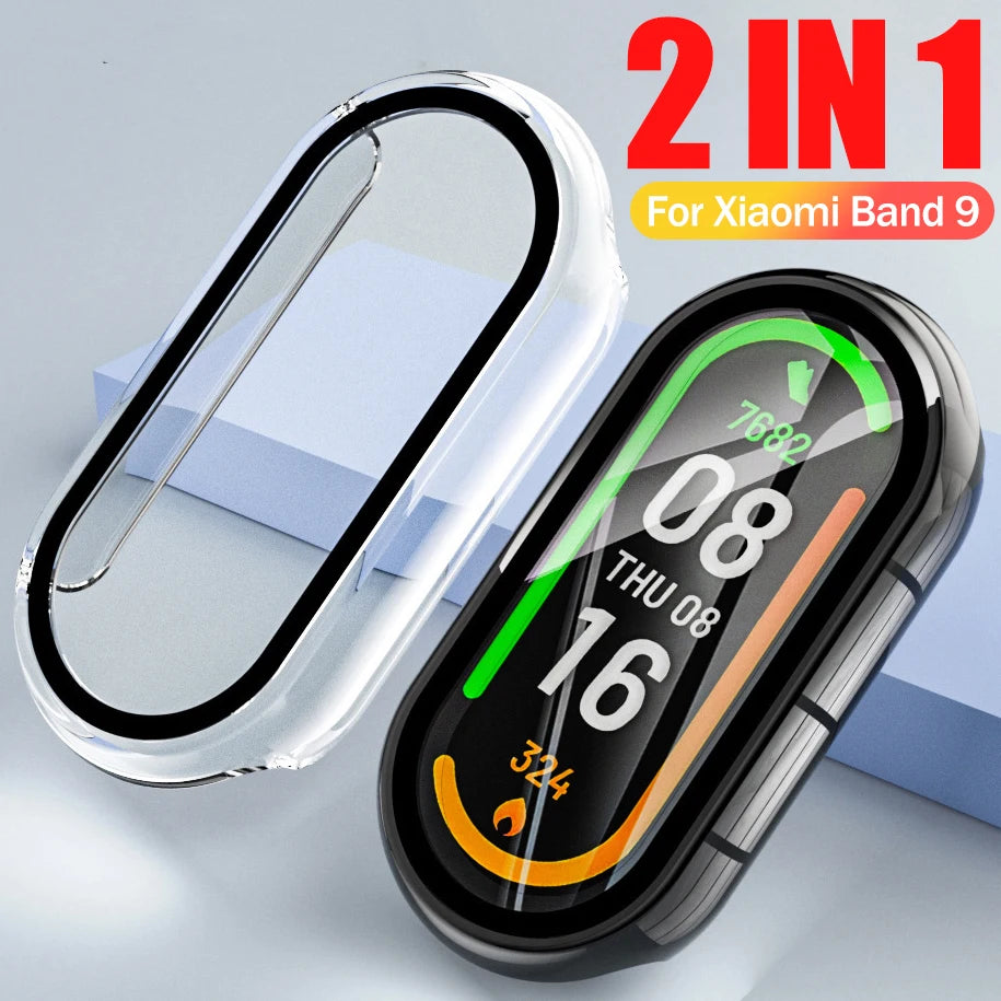 For Xiaomi Mi Band 9 Hard PC Case Tempered Glass Integrated Protector Full Coverage Protective Cover Smartband Accessories