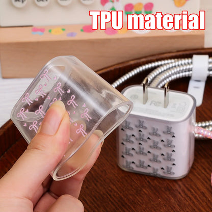 For iPhone 20W Charger Transparent Protective Cover Cable Winder Organizer Kit Cute Bowknot Charger Protector Case For iPhone 16