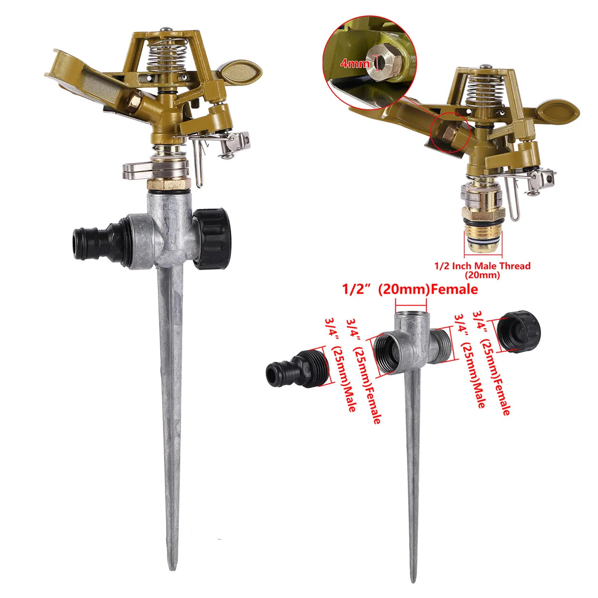 Garden Rotating Rocker Impact Sprinkler 1/2" Male Thread Adjustable Brass Lawn Field Watering Adjustable Nozzle Irrigation Tools