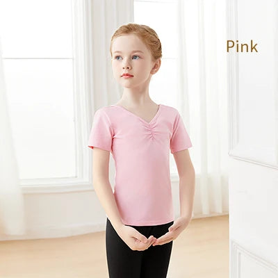 Girls Kids Ballet Tops Short Sleeves Dance T-shirts Teen Pleated V-neck Cotton Tops Dance Base Clothes Daily Sports T-shirt