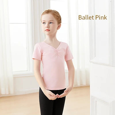 Girls Kids Ballet Tops Short Sleeves Dance T-shirts Teen Pleated V-neck Cotton Tops Dance Base Clothes Daily Sports T-shirt