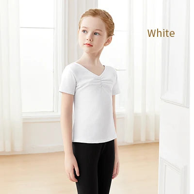 Girls Kids Ballet Tops Short Sleeves Dance T-shirts Teen Pleated V-neck Cotton Tops Dance Base Clothes Daily Sports T-shirt