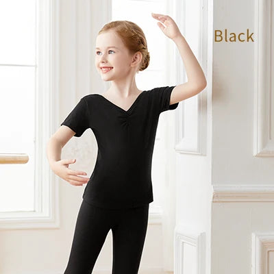 Girls Kids Ballet Tops Short Sleeves Dance T-shirts Teen Pleated V-neck Cotton Tops Dance Base Clothes Daily Sports T-shirt