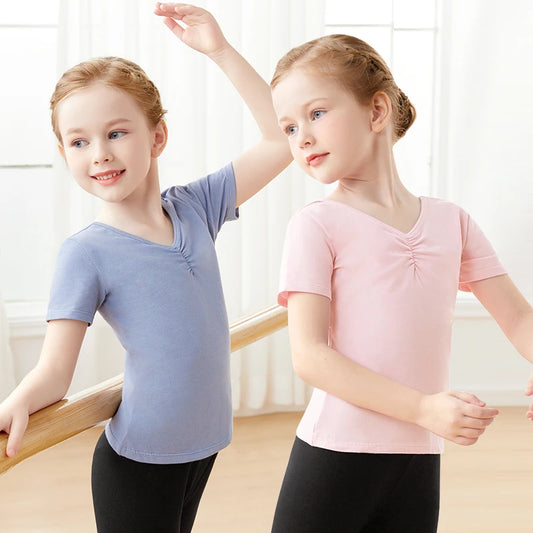 Girls Kids Ballet Tops Short Sleeves Dance T-shirts Teen Pleated V-neck Cotton Tops Dance Base Clothes Daily Sports T-shirt