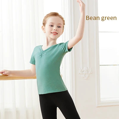 Girls Kids Ballet Tops Short Sleeves Dance T-shirts Teen Pleated V-neck Cotton Tops Dance Base Clothes Daily Sports T-shirt