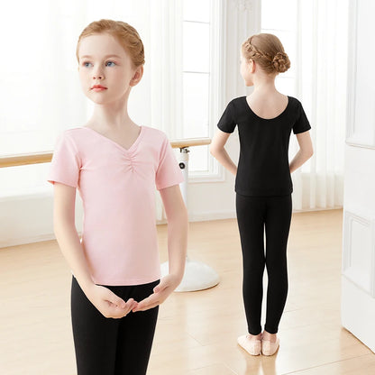 Girls Kids Ballet Tops Short Sleeves Dance T-shirts Teen Pleated V-neck Cotton Tops Dance Base Clothes Daily Sports T-shirt