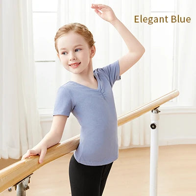 Girls Kids Ballet Tops Short Sleeves Dance T-shirts Teen Pleated V-neck Cotton Tops Dance Base Clothes Daily Sports T-shirt