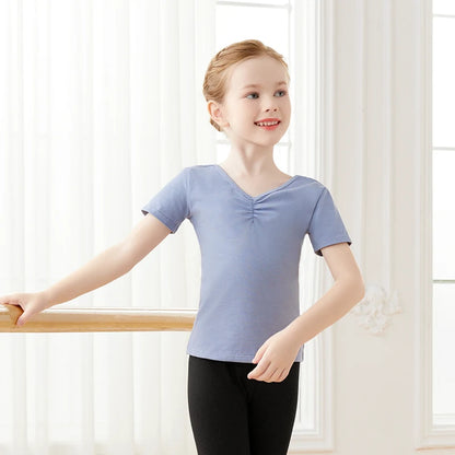 Girls Kids Ballet Tops Short Sleeves Dance T-shirts Teen Pleated V-neck Cotton Tops Dance Base Clothes Daily Sports T-shirt