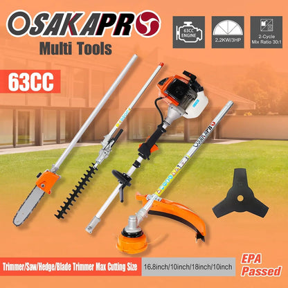 Grass Trimmer 63CC 4 in 1 Multi-Functional Trimming Tool, Gas Pole Saw Hedge Brush Cutter 2-Cycle Garden Lawn Tool Trimming