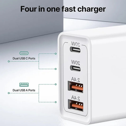 PC 64W 32W 20W 4-Port Fast Charging PD Power Adapter Wall Plug Multiport Type-c Usb Brick Smart Chargers Custom 4 in 1 Charger