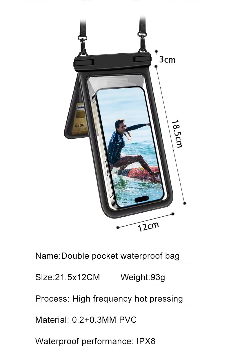 PC Waterproof Cell Phone Bag IPX8 Waterproof Mobile Phone Pouch Dual Storage Bag For Water Sports