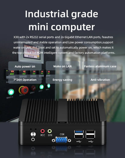 PCXCY Fanless Mini PC Intel Celeron J1900 Quad-Cores 2.0GHz 2x RS232 2x LAN