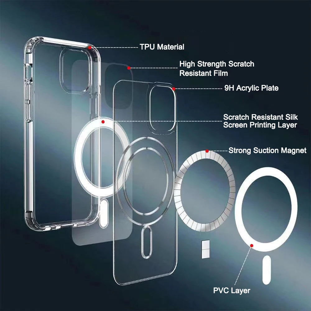 PC Logo Shockproof Clear Charger Mag Mobile Phone Cases Transparent Safe Magnetic Phone Case For Iphone 15 14 13 Pro Max