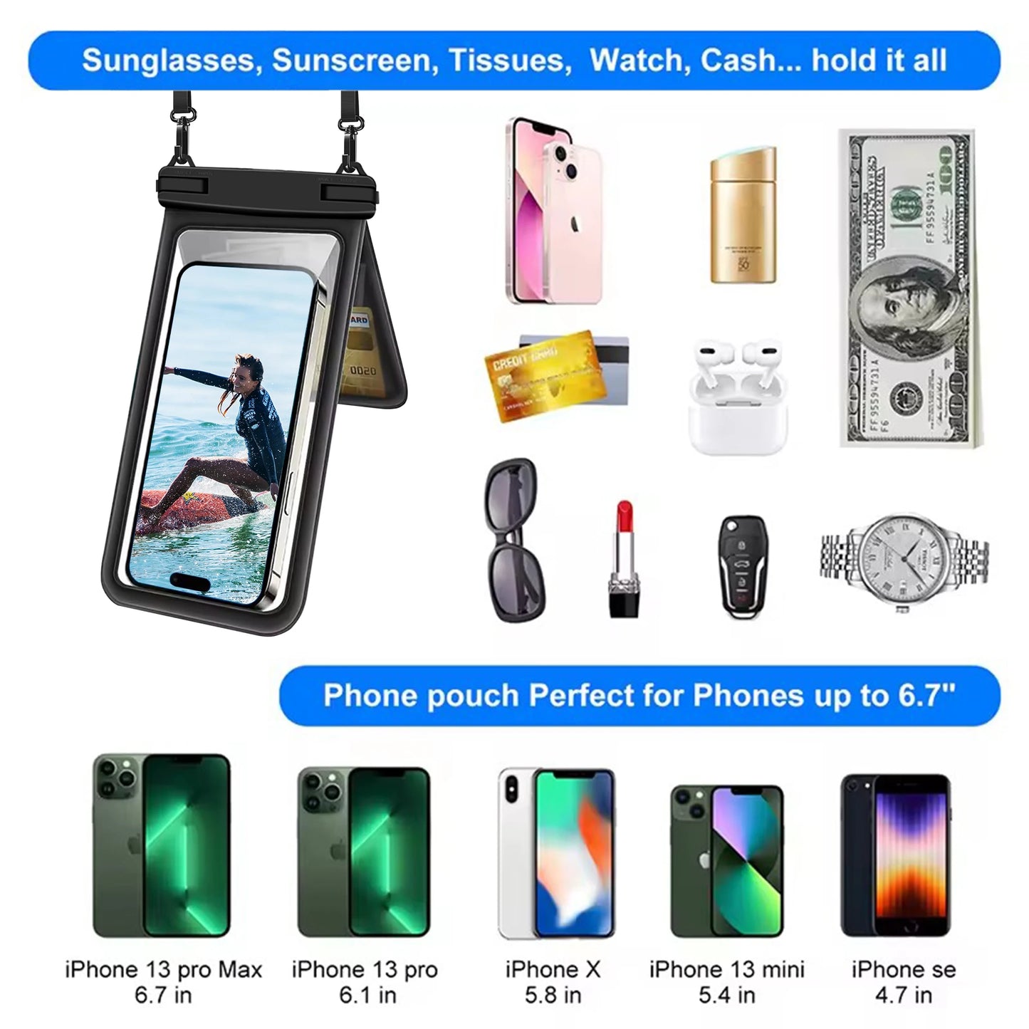 PC Waterproof Cell Phone Bag IPX8 Waterproof Mobile Phone Pouch Dual Storage Bag For Water Sports