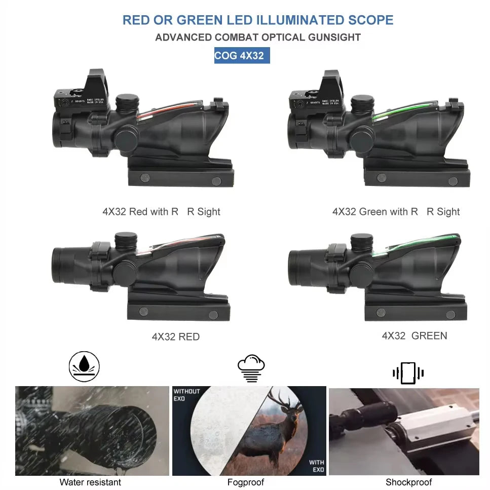 High Quality ACG 4X32 Replica Real Fiber Optics Red Green Dot Illuminated Chevron Glass Etched Reticle Rifle Scope Hunting Sight